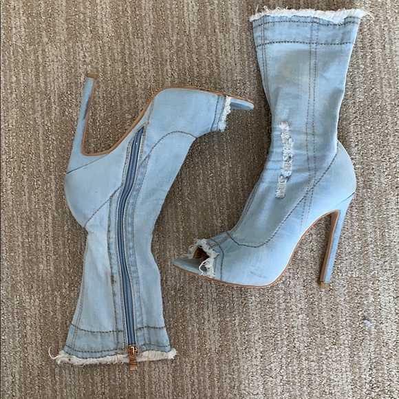 Shoes - Light Blue Wash Distressed Denim Booties